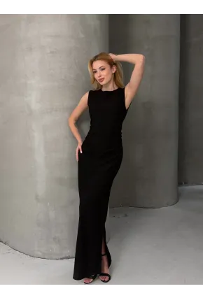 Kolsuz Bisiklet Yaka Yırtmaçlı Uzun Elbise Siyah