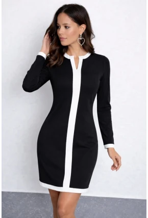 Kontrast Şerit Detaylı Hakim Yaka Siyah Mini Elbise
