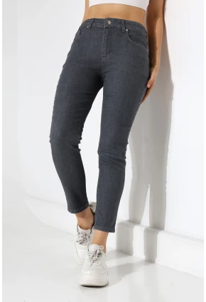 Koyu Gri Yüksek Bel Dar Kesim Jean