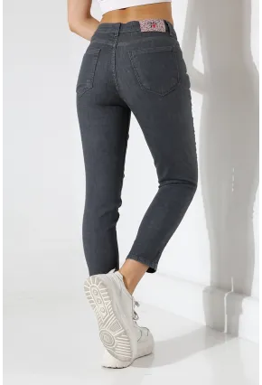Koyu Gri Yüksek Bel Dar Kesim Jean