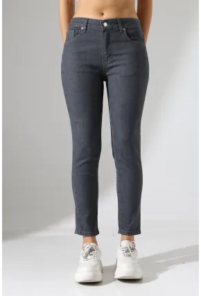Koyu Gri Yüksek Bel Dar Kesim Jean