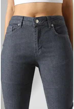 Koyu Gri Yüksek Bel Dar Kesim Jean