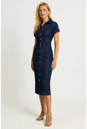 Koyu Lacivert Düğmeli Midi Boy Jean Elbise