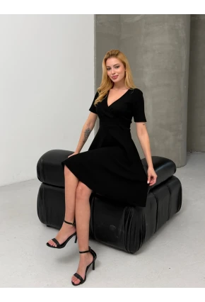 Kruvaze V Yaka Kısa Kollu Kloş Elbise Siyah