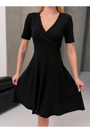 Kruvaze V Yaka Kısa Kollu Kloş Elbise Siyah