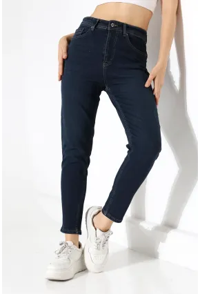 Lacivert Yüksek Bel Slim Fit Jean Pantolon
