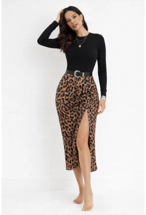 Leopar Desenli  Modal Kumaş Yırtmaç Detaylı Yüksek Bel Midi Etek
