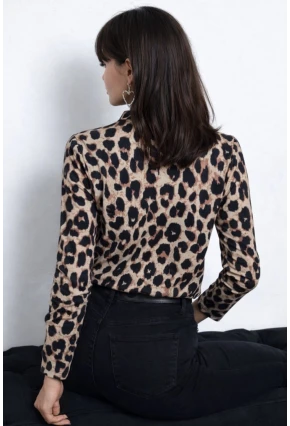 Leopar Desenli V Yaka Uzun Kollu Bluz