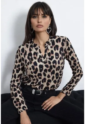 Leopar Desenli V Yaka Uzun Kollu Bluz