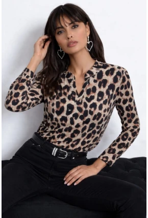 Leopar Desenli V Yaka Uzun Kollu Bluz