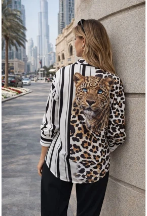 Leopar Taş Bakılı Yarısı Blok Çizgili Gömlek