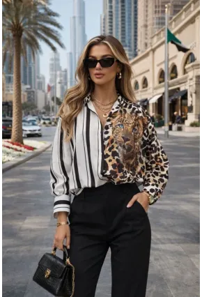 Leopar Taş Bakılı Yarısı Blok Çizgili Gömlek