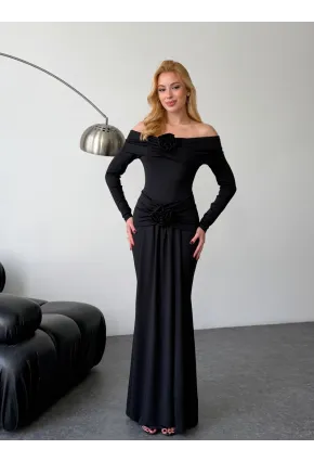 Likralı Modal Kumaş Çiçek Aksesuarlı Maxi Boy Elbise