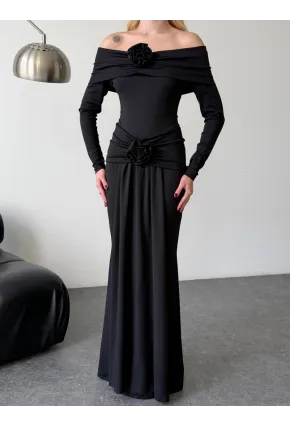 Likralı Modal Kumaş Çiçek Aksesuarlı Maxi Boy Elbise