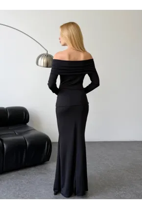 Likralı Modal Kumaş Çiçek Aksesuarlı Maxi Boy Elbise