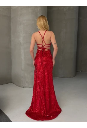 Likralı Pulpayet İşleme Dekolteli Maxi Elbise Kırmızı CL9689