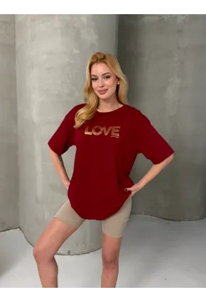 Love Baskılı Oversize Kadın Tişört – Kırmızı
