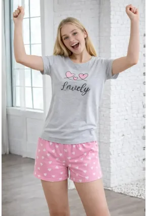 Lovely Baskılı Kalp Desenli Şortlu Kadın Pijama Takımı – Gri & Pembe