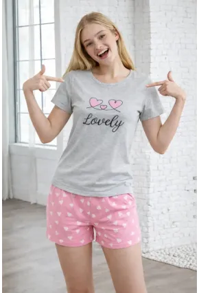Lovely Baskılı Kalp Desenli Şortlu Kadın Pijama Takımı – Gri & Pembe