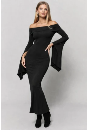 Madonna Yaka Yırtmaç Kollu Uzun Siyah Elbise