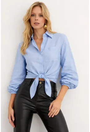 Mavi Bağlamalı Crop Gömlek – Lastikli Kol Detaylı Yazlık Kadın Gömlek