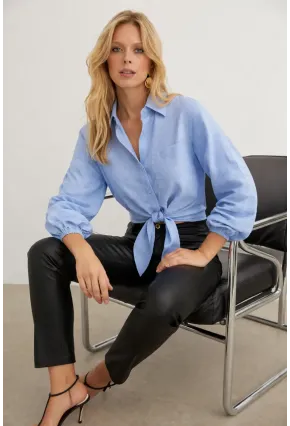 Mavi Bağlamalı Crop Gömlek – Lastikli Kol Detaylı Yazlık Kadın Gömlek