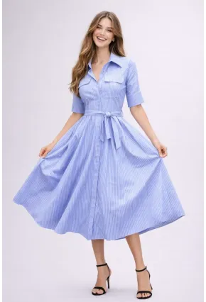 Mavi Çizgili Gömlek Yaka Midi Elbise – Rahat Kesim Günlük Şıklık