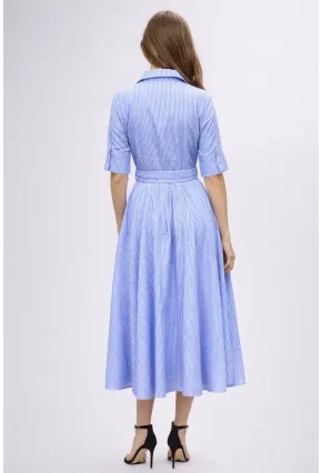 Mavi Çizgili Gömlek Yaka Midi Elbise – Rahat Kesim Günlük Şıklık
