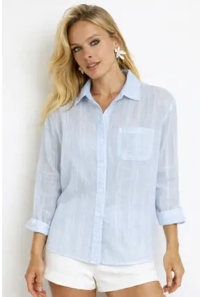 Mavi Çizgili Transparan Dokulu Oversize Kadın Gömlek