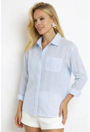 Mavi Çizgili Transparan Dokulu Oversize Kadın Gömlek