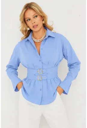Mavi Korseli Detaylı Şık Gömlek – Bel Vurgulu Modern Kesim