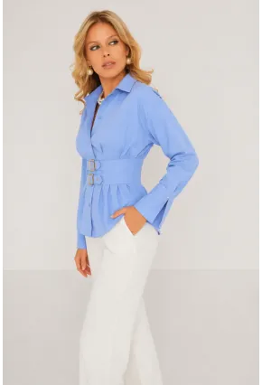 Mavi Korseli Detaylı Şık Gömlek – Bel Vurgulu Modern Kesim