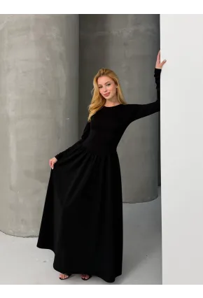 Maxi Boy Etek Kısmı Dokuma Poplin Kloş Üst Kısmı Esnek Viskon Siyah Elbise