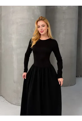 Maxi Boy Etek Kısmı Dokuma Poplin Kloş Üst Kısmı Esnek Viskon Siyah Elbise