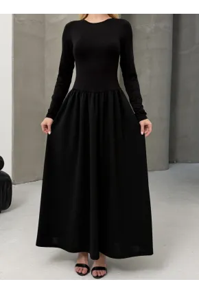 Maxi Boy Etek Kısmı Dokuma Poplin Kloş Üst Kısmı Esnek Viskon Siyah Elbise
