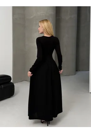 Maxi Boy Etek Kısmı Dokuma Poplin Kloş Üst Kısmı Esnek Viskon Siyah Elbise