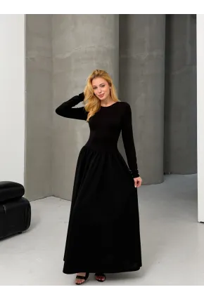 Maxi Boy Etek Kısmı Dokuma Poplin Kloş Üst Kısmı Esnek Viskon Siyah Elbise