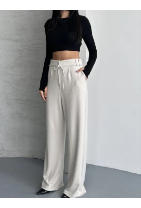 Modal Kumaş Bel Detay Pantalon Krem
