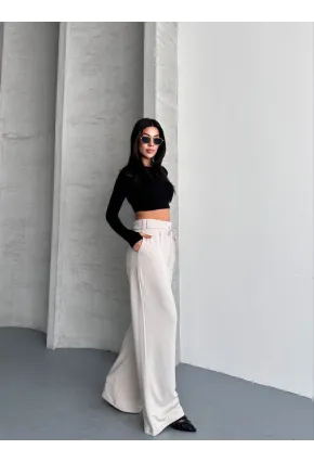 Modal Kumaş Bel Detay Pantalon Krem