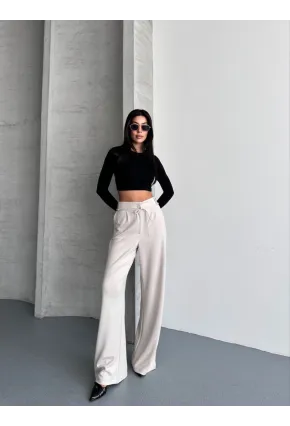 Modal Kumaş Bel Detay Pantalon Krem