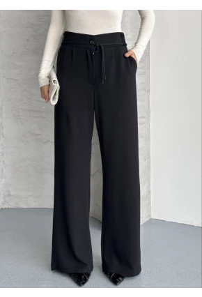 Modal Kumaş Bel Detay Pantolon Siyah