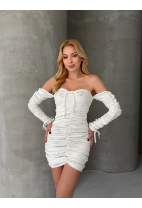 Modal Kumaş Drape Detaylı Mini Elbise Beyaz CL9695