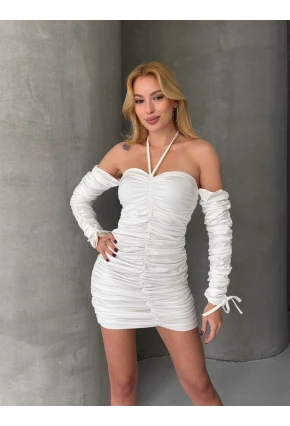 Modal Kumaş Drape Detaylı Mini Elbise Beyaz CL9695
