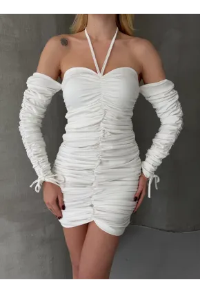 Modal Kumaş Drape Detaylı Mini Elbise Beyaz CL9695