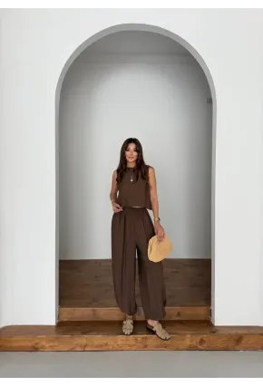 Modal Kumaş Kolsuz Bluz Şalvar Pantalon Alt Üst Takım Kahve