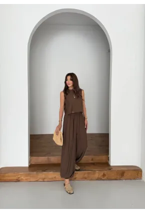 Modal Kumaş Kolsuz Bluz Şalvar Pantalon Alt Üst Takım Kahve