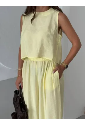 Modal Kumaş Kolsuz Bluz Şalvar Pantalon Alt Üst Takım Sarı