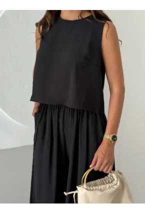 Modal Kumaş Kolsuz Bluz Şalvar Pantalon Alt Üst Takım Siyah