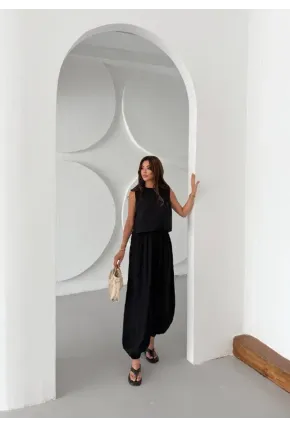 Modal Kumaş Kolsuz Bluz Şalvar Pantalon Alt Üst Takım Siyah