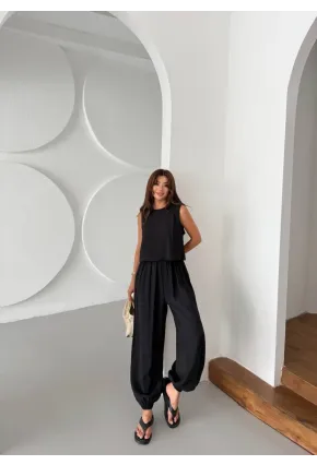Modal Kumaş Kolsuz Bluz Şalvar Pantalon Alt Üst Takım Siyah